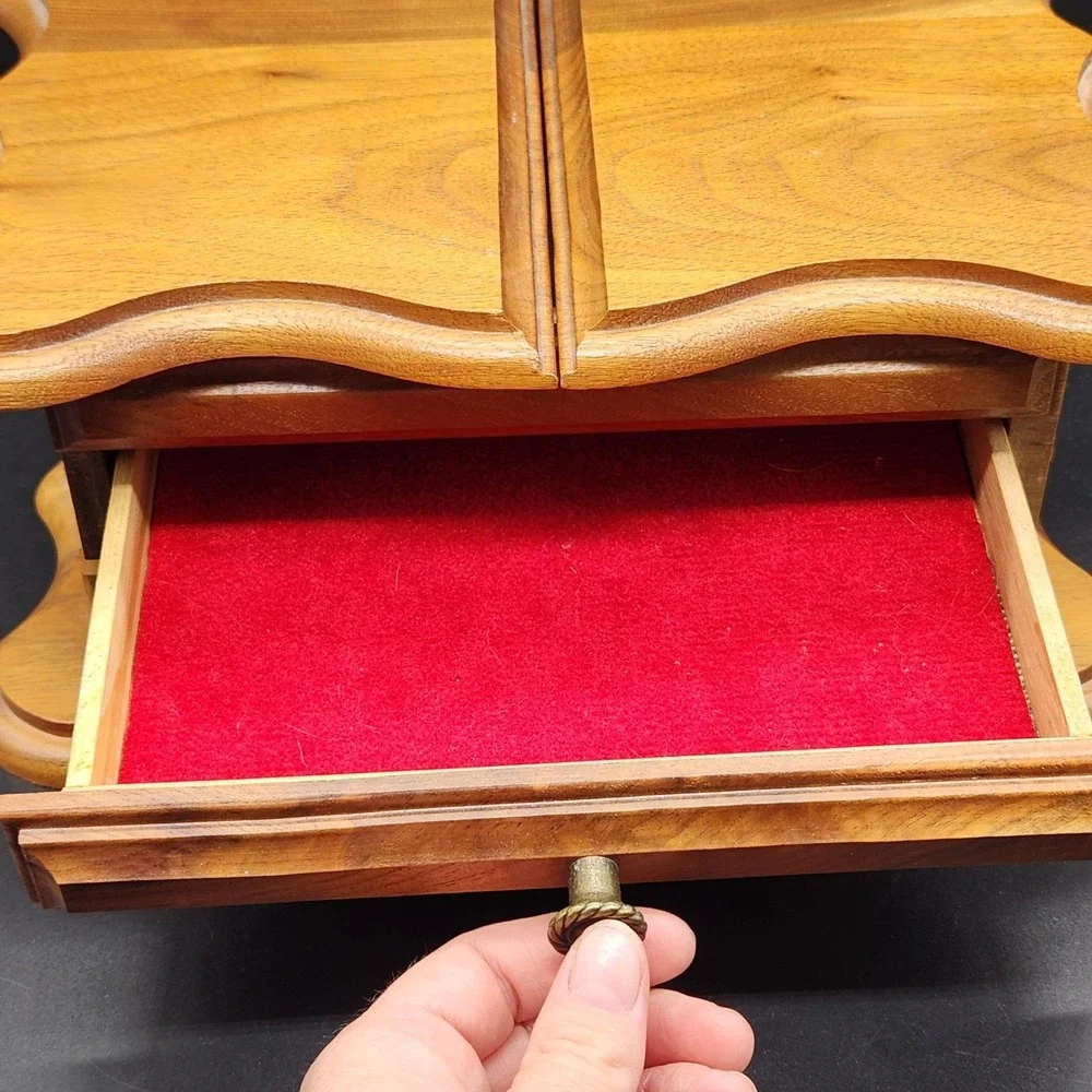 Vintage Wooden Jewelry Box Organizer Red Velvet Lined Drawers Storage